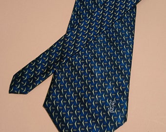 YSL Yves Saint Laurent Vintage Silk Necktie Classic Width 3.6" Blue Geometric Made in Italy