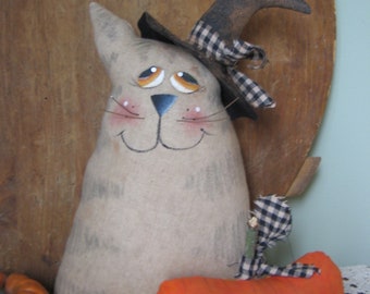 E-PATTERN-Primitive Pattern Raggedy Halloween Cat Shelf Sitter Doll Ornie Bowl Filler with Jack O Lantern Pumpkin INSTANT DOWNLOAD Pattern