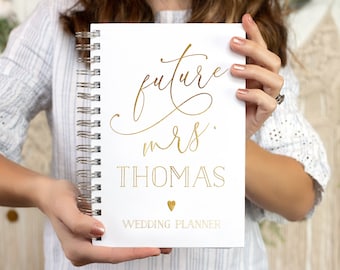 Future Mrs. Wedding Planner, Personalized Planner, Real Gold Foil Bridal Shower Gift Custom Planner Book, 12 Months