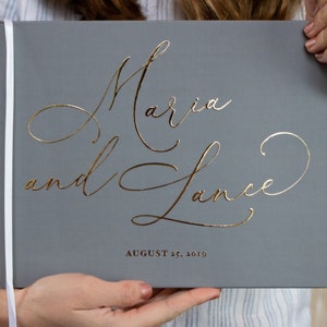 Gray Wedding Guest Book, Real Gold Foil Horizontal Wedding Book with Calligraphy Names, Hardcover Instant Photo Booth Album image 1