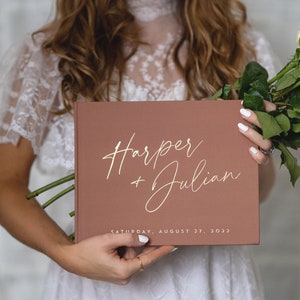 Rustic Guestbook • Modern Wedding Guest Book • Photo Book • Gold Foil Hardcover Wedding Album • Horizontal Keepsake Book