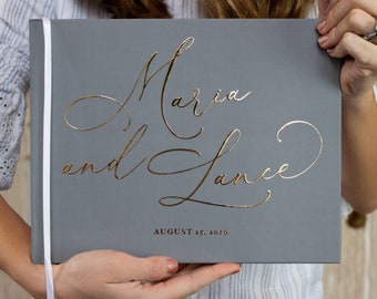 Gray Wedding Guest Book, Real Gold Foil Horizontal Wedding Book with Calligraphy Names, Hardcover Instant Photo Booth Album