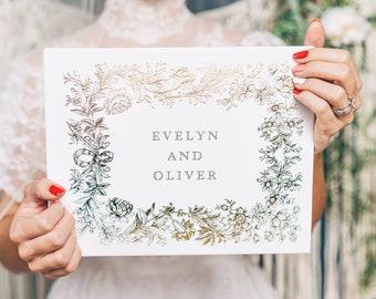 Gold Wedding Guest Book, Floral Vintage Horizontal Wedding Book, Personalized Gold Foil Hardcover Instant Photo Book