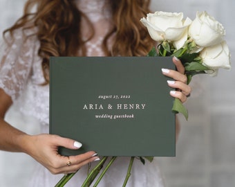 Green Guestbook • Modern Wedding Guest Book  • Rose Gold Foil Hardcover Wedding Album • Traditional Guestbook