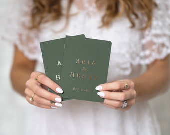 Green Wedding Vow Books, Set of 2, Foil Vow Books, Personalized Wedding Vow Booklets, Real Rose Gold Foil