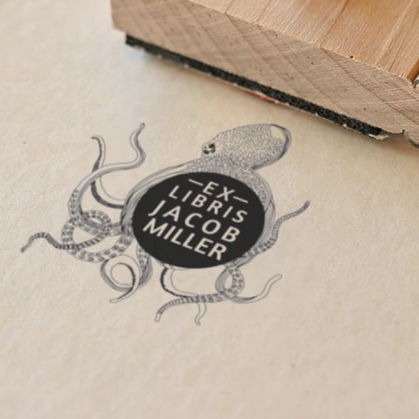 Squid Library Stamp, Custom Self Inking Ex Libris Stamp, Book Plate Stamp, Teacher Gift, Anniversary Gift, Book Lover, Gift For Her