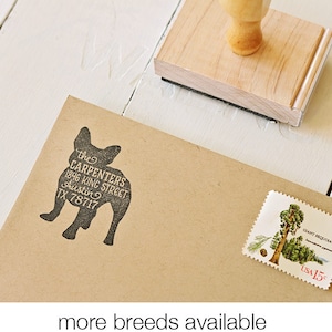 May include: A brown envelope with a black rubber stamp of a French Bulldog with the text "the CARPENTERS 1846 KING STREET Austin TX 78717". A postage stamp with a picture of a giant sequoia tree and the text "GIANT SEQUOIA Sequoia gigantea" and "USA 15&cent;" is on the envelope.