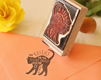 Cat Return Address Stamp, Custom Feline Rubber Stamp, Personalized Pet Address Stamp, Cat Silhouette