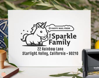 Personalized Unicorn Return Address Stamp: Kid-Friendly Happy Mail, Self Inking or Wood Handle