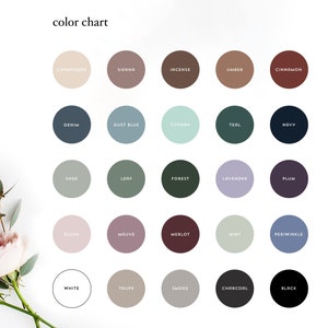 May include: A color chart with a white background displays 25 color swatches in a grid. Each swatch is a circle with a color name underneath. Colors include Champagne, Sienna, Denim, Dust Blue, Sage, Blush, White, and more.