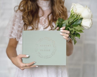 Sage & Silver Guestbook • Wedding Guest Book • Rustic Photo Book • Floral Silver Foil Hardcover Wedding Album • Personalized Keepsake