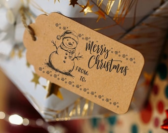 Snowman Christmas Present Tag Stamp: Gift Label Self-Inking or Wood