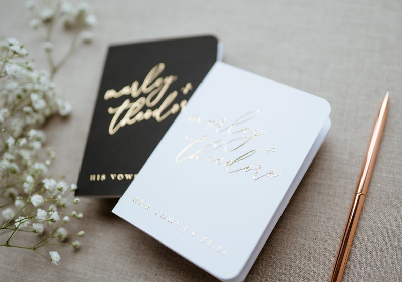 Black and White Wedding Vow Books, Set of 2, Foil Vow Booklets, Personalized Wedding Vow Booklets, Real Gold Foil