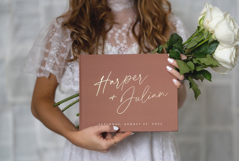 Rustic Guestbook Modern Wedding Guest Book Photo Book Gold Foil Hardcover Wedding Album Horizontal Keepsake Book image 1