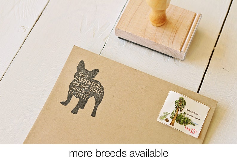 May include: A brown envelope with a black rubber stamp of a French Bulldog with the text "the CARPENTERS 1846 KING STREET Austin TX 78717". A postage stamp with a picture of a giant sequoia tree and the text "GIANT SEQUOIA Sequoia gigantea" and "USA 15&cent;" is on the envelope.