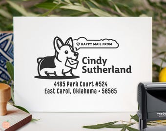 Personalized Corgi Return Address Stamp: Personalized Kid Friendly Cartoon Happy Mail