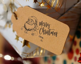 Santa Portrait Christmas Gift Tag Stamp: To and From Label (Self-Inking or Wood)