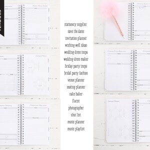 May include: A white spiral-bound wedding planner with various planning sections, including vendor details, seating arrangements, and dress inspiration. The planner includes text such as "stationery supplier" and "save the dates."