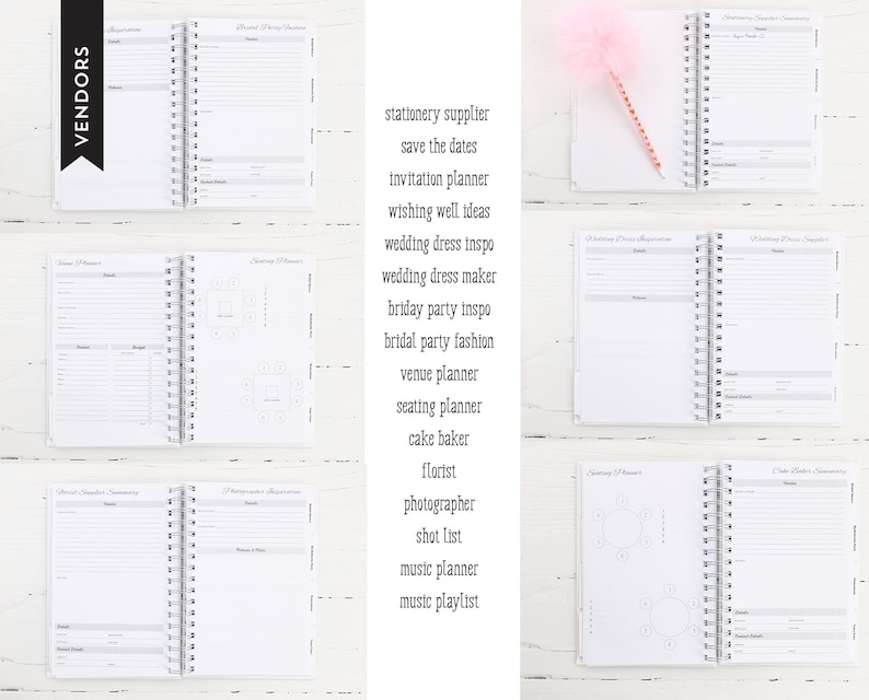 May include: A white spiral-bound wedding planner with various planning sections, including vendor details, seating arrangements, and dress inspiration. The planner includes text such as "stationery supplier" and "save the dates."