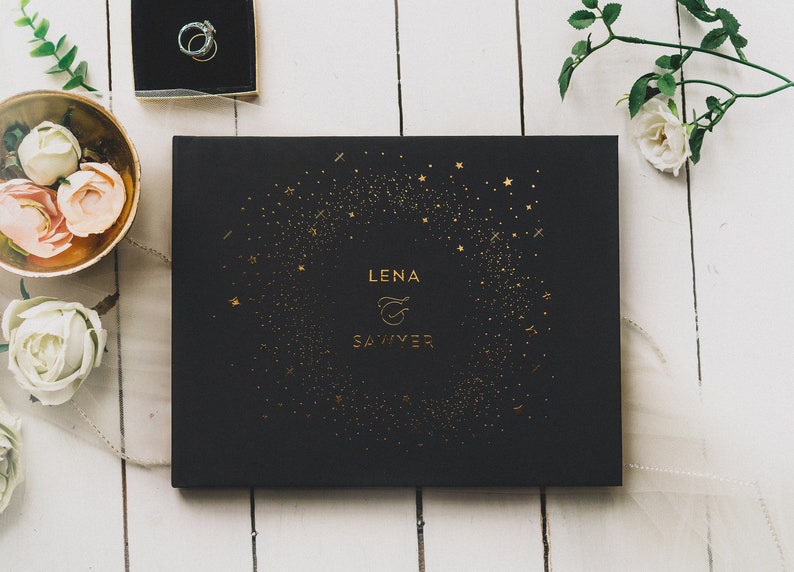 Stars Wedding Guestbook Black and Gold Celestial Guest Book Evening Wedding Custom Hardcover Guestbook Personalized zdjęcie 2