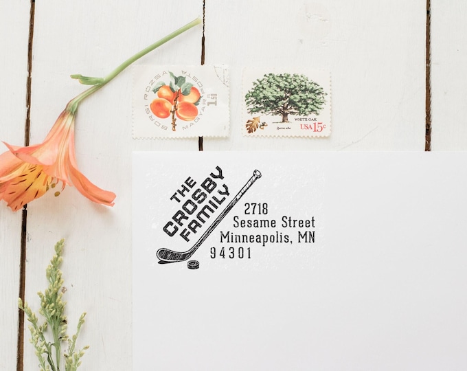 Stick & Puck Return Address Stamp, Hockey Gift, Wooden Handle, Custom Rubber Stamp, Hockey Stamp, Beer League Gift | Sports Line