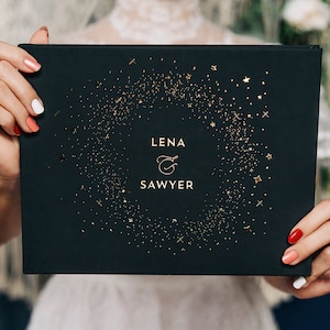 Black and Gold Celestial Wedding Guest Book, Custom Starry Night Guestbook Keepsake, Elegant Hardcover Ceremony Sign-In, Bride Gift #Lena