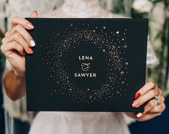 Stars Wedding Guestbook • Black and Gold Celestial Guest Book • Evening Wedding • Custom Hardcover Guestbook • Personalized
