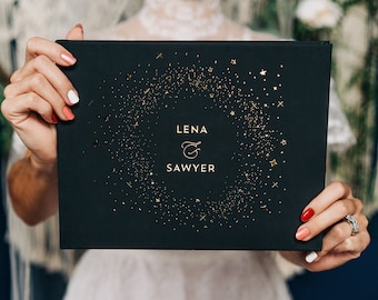 Celestial Wedding Guest Book, Black & Gold Foil Starry Night Custom Hardcover Keepsake | Custom Colors