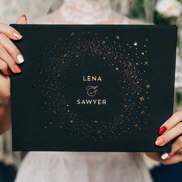 Stars Wedding Guestbook • Black and Gold Celestial Guest Book • Evening Wedding • Custom Hardcover Guestbook • Personalized