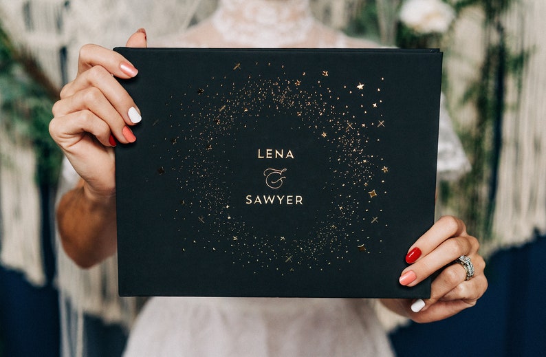 Stars Wedding Guestbook Black and Gold Celestial Guest Book Evening Wedding Custom Hardcover Guestbook Personalized zdjęcie 1