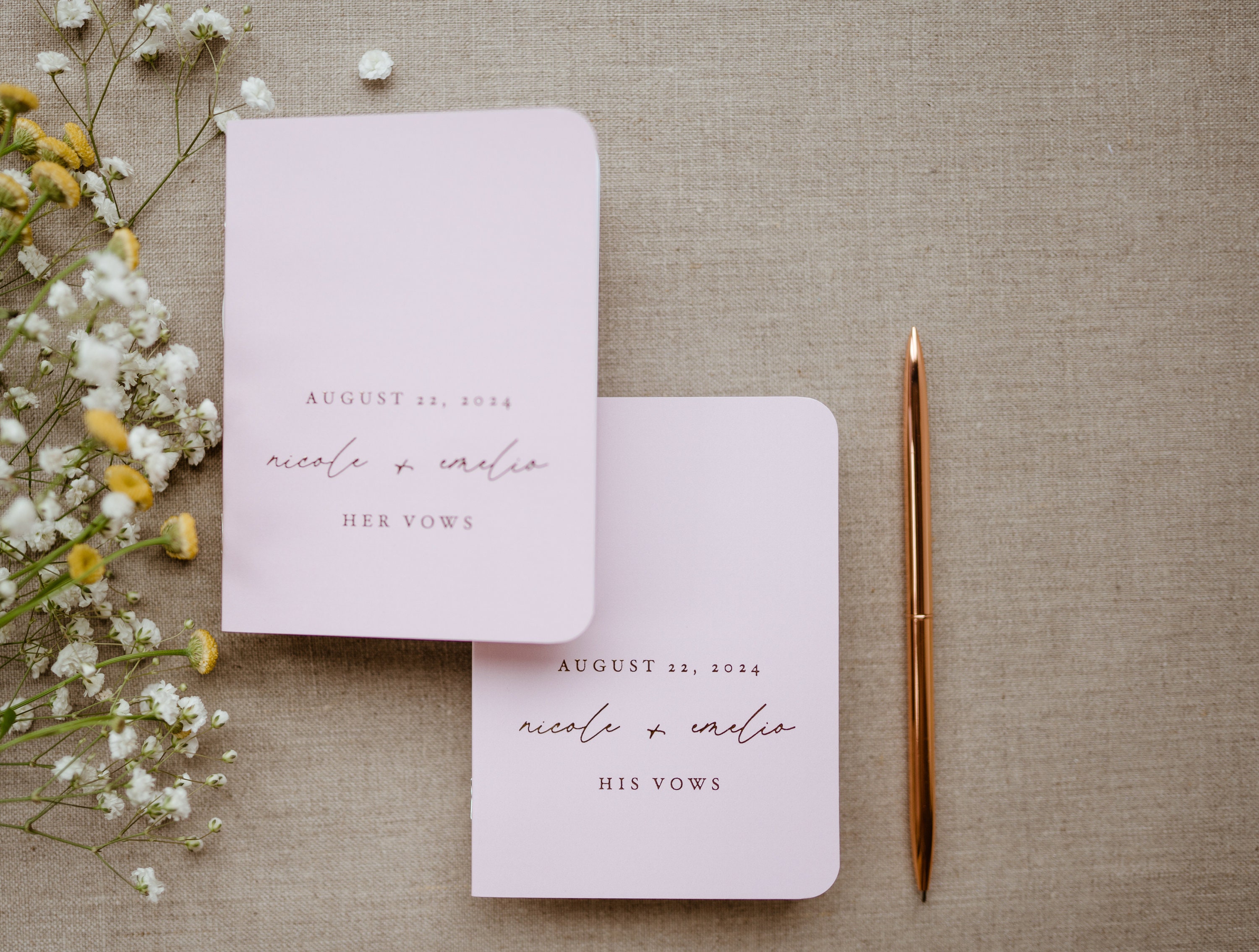 Blush Pink Wedding Vow Books, Set of 2, Foil Vow Booklets, Personalized Wedding Vow Booklets, Real Gold Foil, Rose Gold, Minimalistic