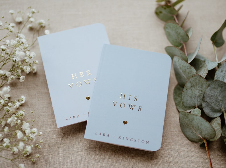 Dust Blue Wedding Vow Books, Set of 2, Foil Vow Booklets, Personalized Wedding Vow Booklets, Real Gold Foil, Rose Gold, Minimalistic image 1