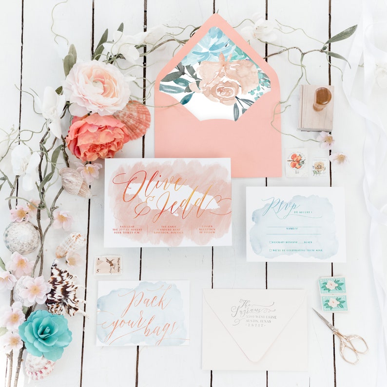 Beach Wedding Invitation Set Printed Destination Wedding Etsy