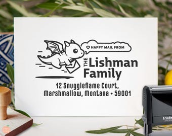 Personalized Dragon Return Address Stamp: Kid-Friendly Happy Mail, Self Inking or Wood Handle