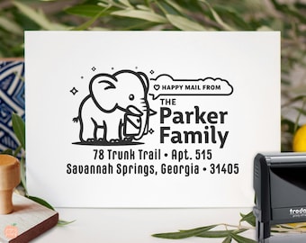 Personalized Elephant Return Address Stamp: Kid-Friendly Happy Mail, Self Inking or Wood Handle