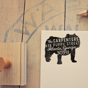 Adresstempel bulldog, cadeau hondeneigenaar, houten handvat, aangepaste rubberstempel, Engelse bulldog-stempel