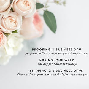 May include: Text on a white background with the following information: "PROOFING: 1 BUSINESS DAY for faster delivery, approve your design a.s.a.p MAKING: ONE WEEK + one day for national holidays SHIPPING: 2-3 BUSINESS DAYS Please order approx. three weeks before you need your book"