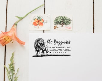 Lion Return Address Stamp, Animal Gift, Wooden Handle, Custom Rubber Stamp, Animal Stamp, Zoo Stamp