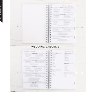 May include: A white spiral-bound wedding checklist notebook with a black and white cover. The notebook is open, displaying detailed checklists for various wedding planning stages. The text "CHECKLIST" is printed vertically on the left side.