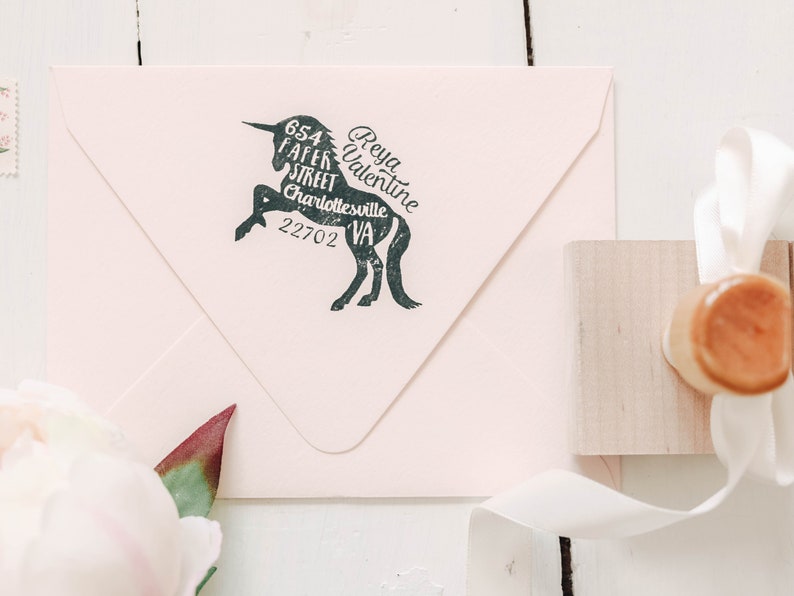 Unicorn Return Address Stamp, Personalized Rubber Stamp, Unique Gift Idea, Housewarming Gift image 1