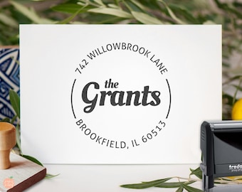 Custom Family Return Address Stamp: Flowing Name Script, Wood or Self-Inking