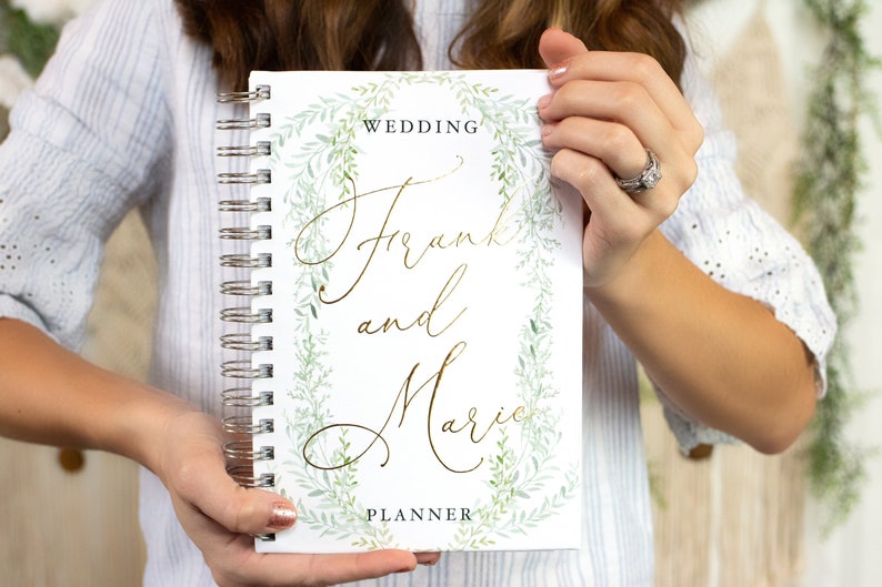 Custom Wedding Planner with Greenery, Personalized with Names, Bride to be Present, Engagement Gift, Rustic Wedding Planner Book image 1