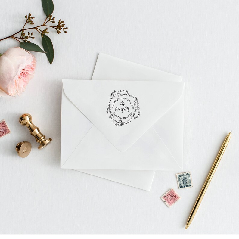 Laurel Return Address Stamp Circular Calligraphy Script Stamp with Wreath Custom Personalized Stamp Housewarming Gift Wedding Stamp image 5