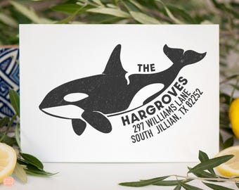 Custom Orca Return Address Stamp, Personalized Self-Inking, Wood Handle Rubber Stamp, Playful Killer Whale Gift, Nautical Ocean Theme