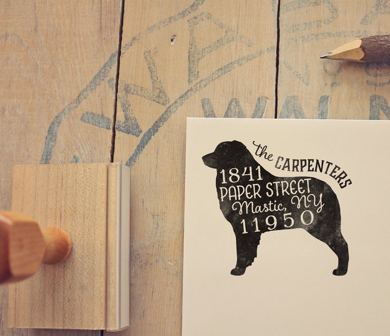 Australian Shepherd Dog Return Address Stamp, Dog Owner Gift, Wooden Handle, Custom Rubber Stamp image 1