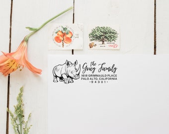 Rhino Return Address Stamp, Dino Gift, Wooden Handle, Custom Rubber Stamp, Animal Stamp, Zoo Stamp, Rhinoceros Stamp