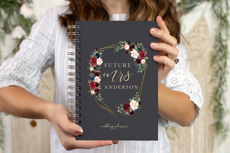 Future Mrs. Wedding Planner, Dark Gray Personalized Planner, Bride to be Gift, Custom Planner Book, 12 Months Boho Planner Book image 1