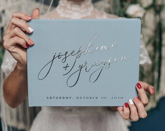 Dusty Blue Guestbook • Modern Wedding Guest Book  • Rustic Photo Book • Silver Foil Hardcover Wedding Album • Horizontal Keepsake Book