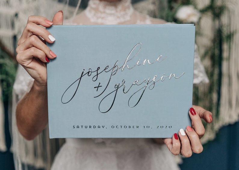 Dusty Blue Guestbook • Modern Wedding Guest Book • Rustic Photo Book • Silver Foil Hardcover Wedding Album • Horizontal Keepsake Book