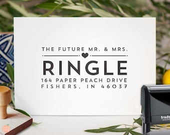 Personalized Wedding Return Address Stamp: Modern Heart Design; Custom Future Mrs, Wood or Self-Inking